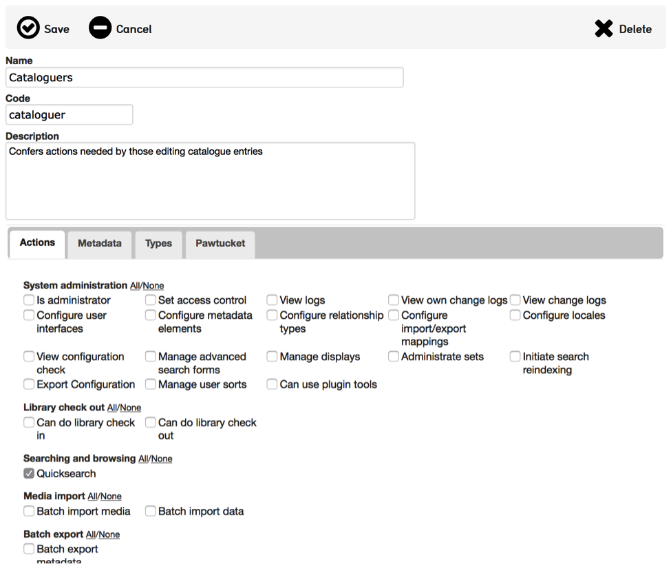 Roles Form: Actions Tab