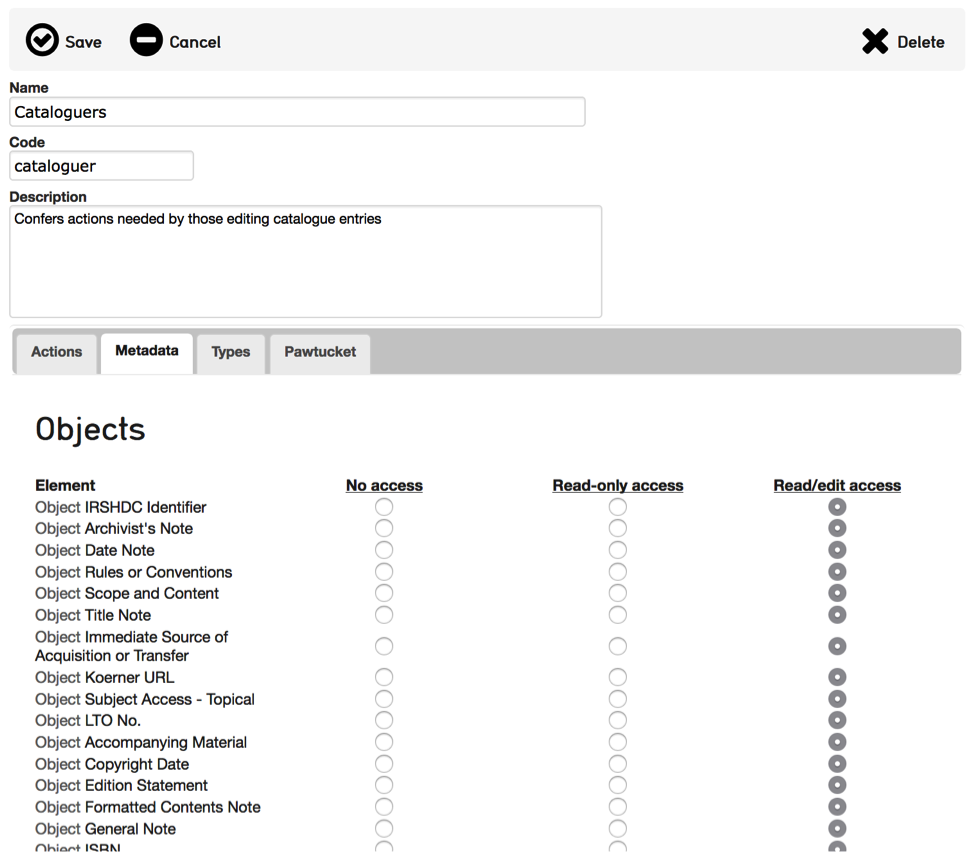 Access Roles Form: Metadata Tab